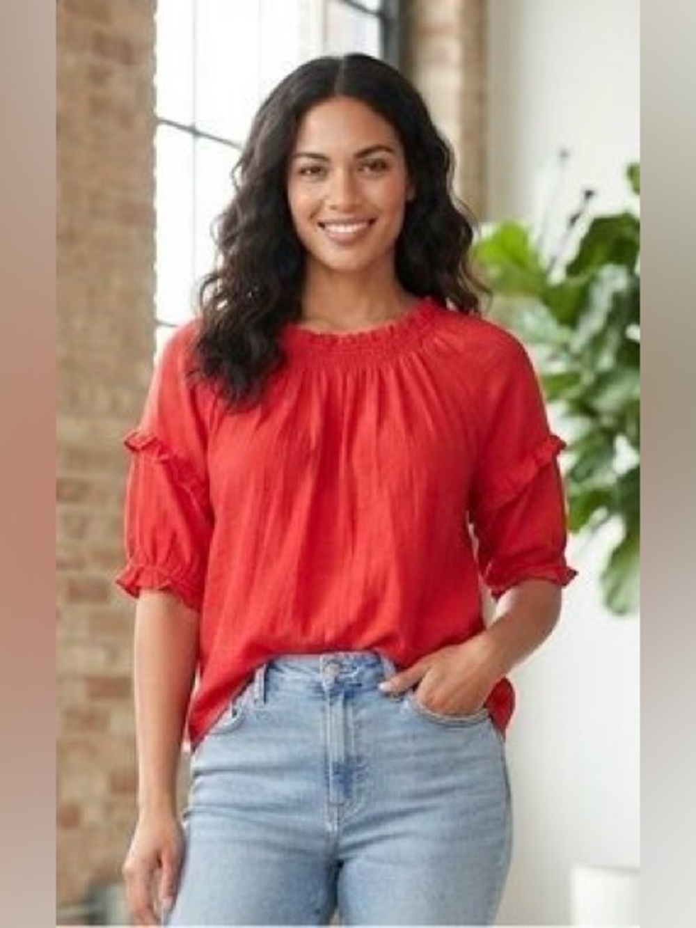Nanette Lepore Red Gauze Boho Blouse Top Smocked Puff Sleeve Small. Worn Once